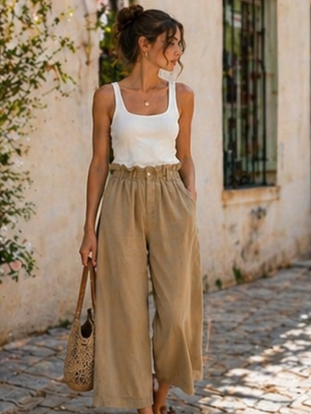 Anthropologie Beige Wide-Leg Paperbag Waist Pants